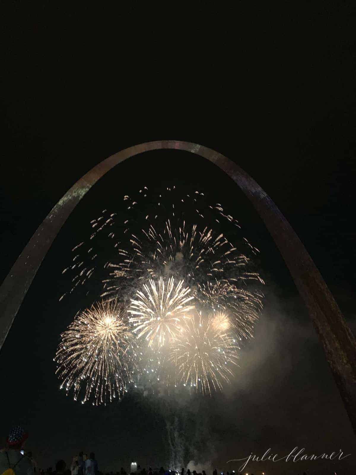 Nighttime image of the St. Louis Arch with fireworks in the foreground,