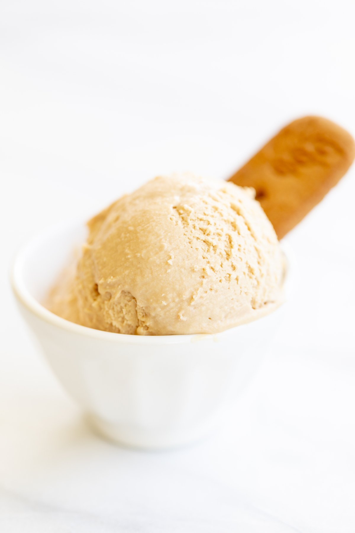 A white bowl full of homemade cookie butter ice cream. 