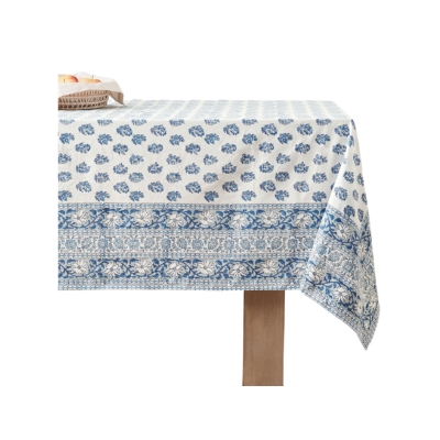 A blue and white block print tablecloth.