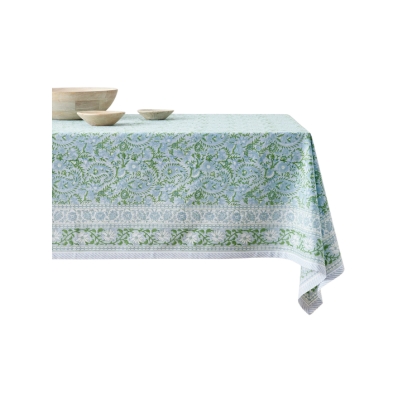 A green and white paisley block print tablecloth