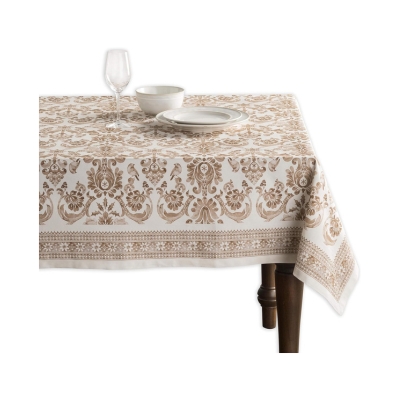 A neutral block print table cloth