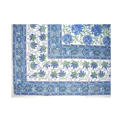 A blue and white block print tablecloth.