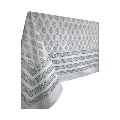 A white and green block print tablecloth on a white background.