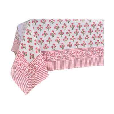 A pink and white block print tablecloth.