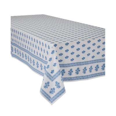 A blue and white block print tablecloth.