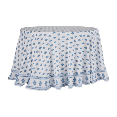 A blue and white block print tablecloth.