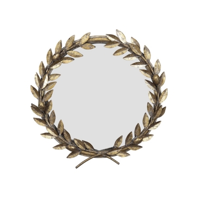     A gold laurel wreath mirror on a white background adorned with elegant laurel wreaths.