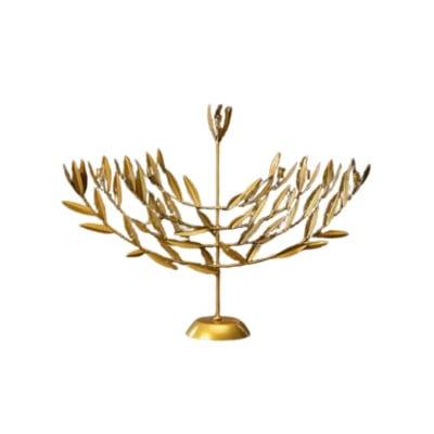 A gold menorah adorned with laurel wreaths.