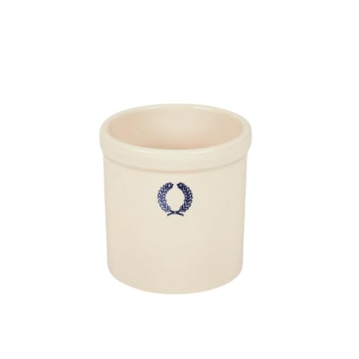 A white bowl with a blue logo featuring laurel wreaths.