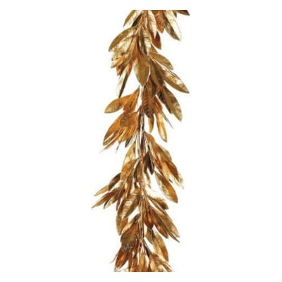 A gold leaf garland with laurel wreaths hanging on a white background.
