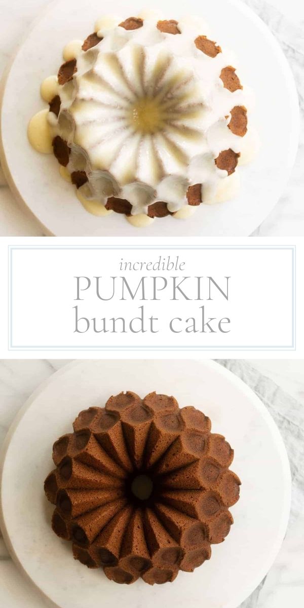 Top photo is an iced pumpkin bundt cake. Bottom photo is un-iced pumpkin bundt cake