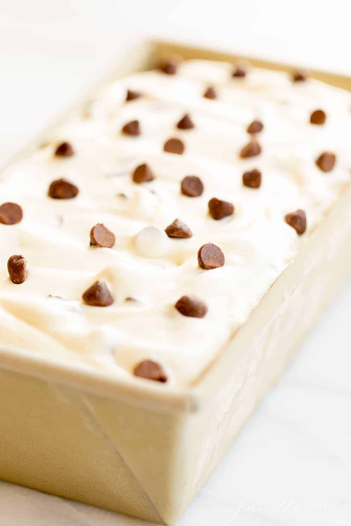 Close up of the frozen dessert in a loaf tin