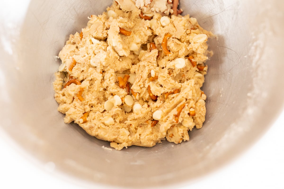 Kitchen sink cookie recipe dough in a mixing bowl.