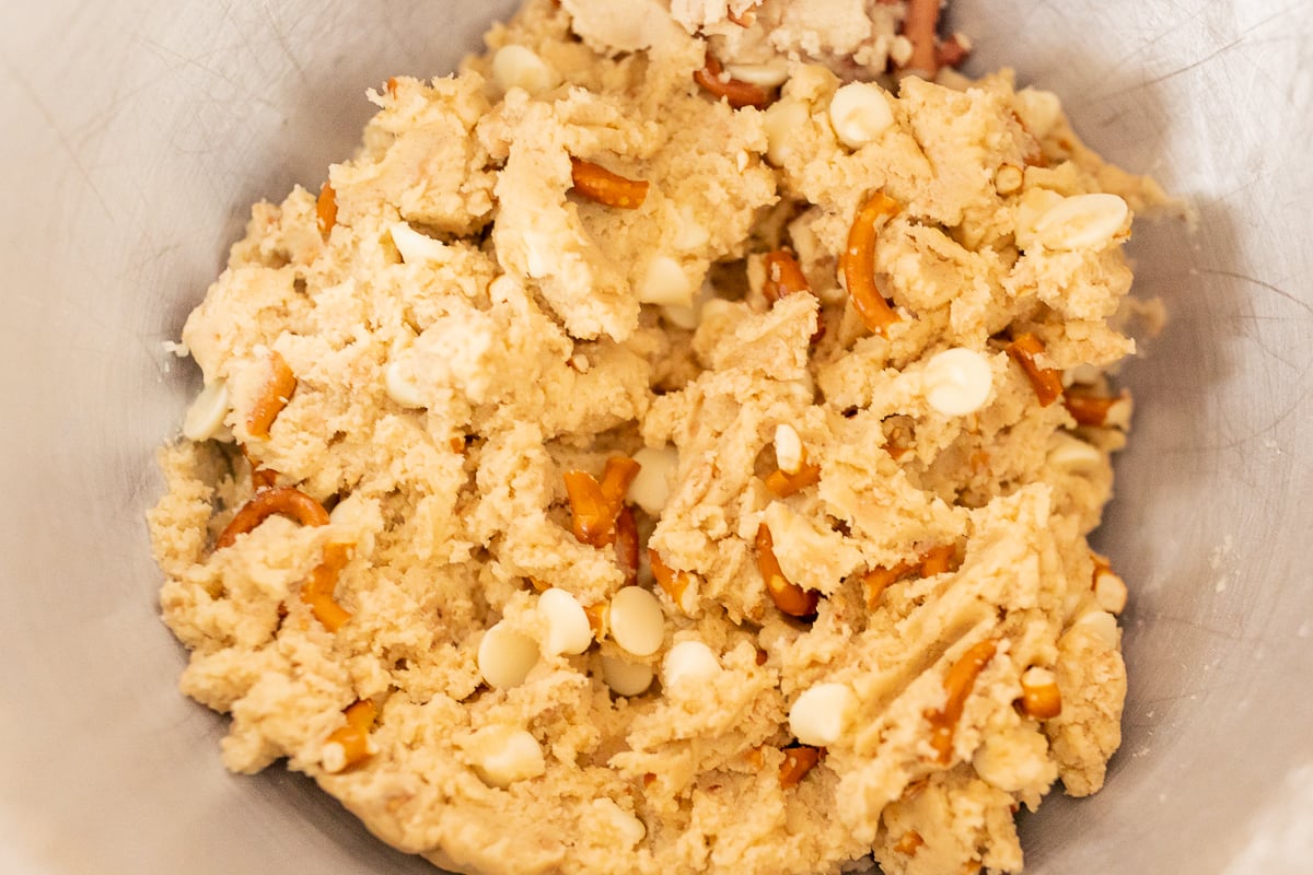 Kitchen sink cookie recipe dough in a mixing bowl.