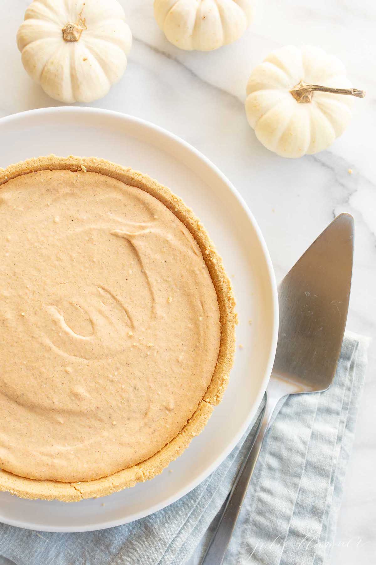 A no bake pumpkin cheesecake on a white plate, with a pie server to the side and small white pumpkins in the background.