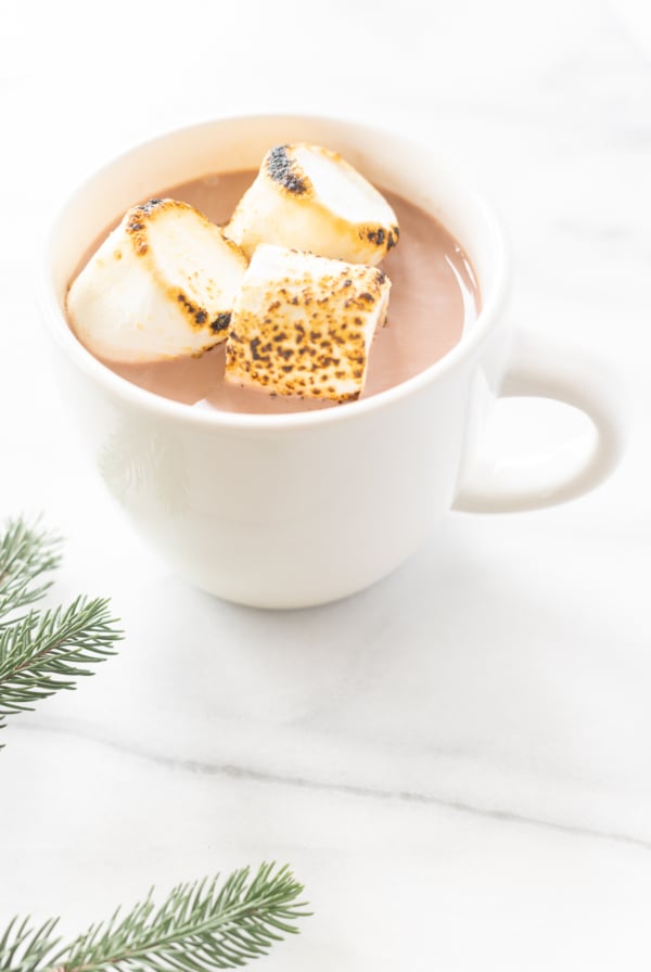 A white mug full of spiked hot chocolate, topped with toasted marshmallows.