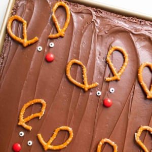 Christmas brownies with pretzels shaped into reindeer.