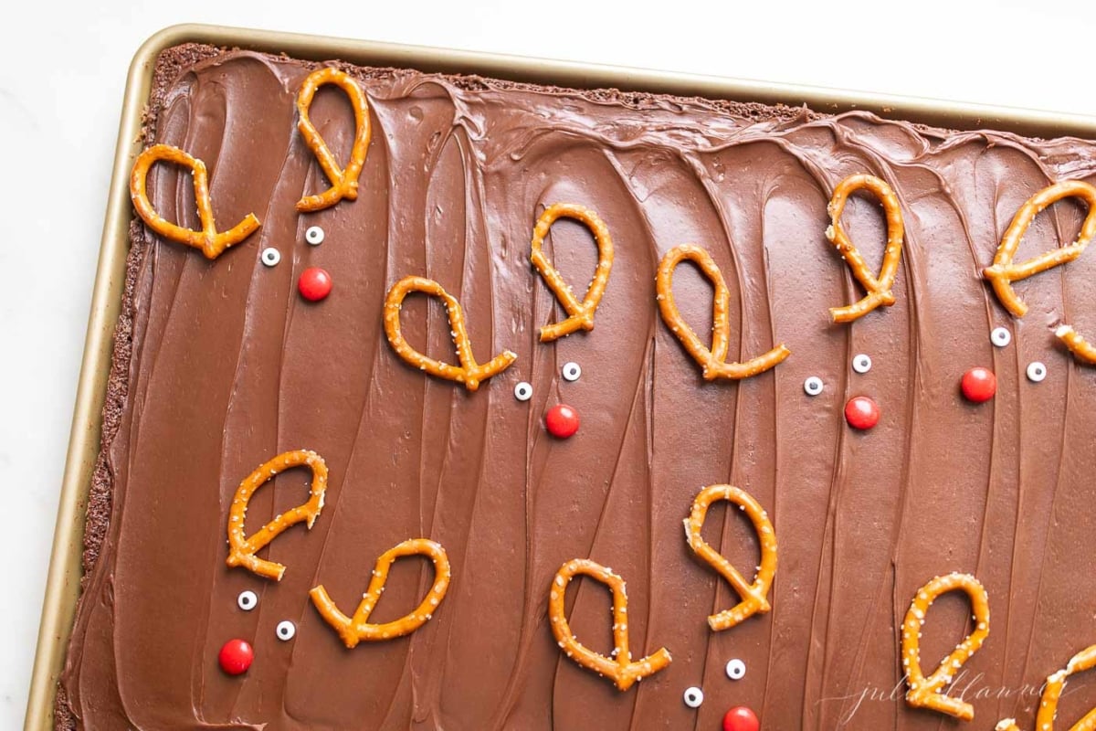 Christmas brownies with pretzels shaped into reindeer. 