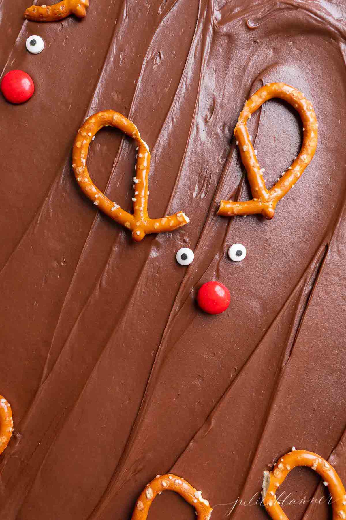 Christmas brownies with pretzels on top.