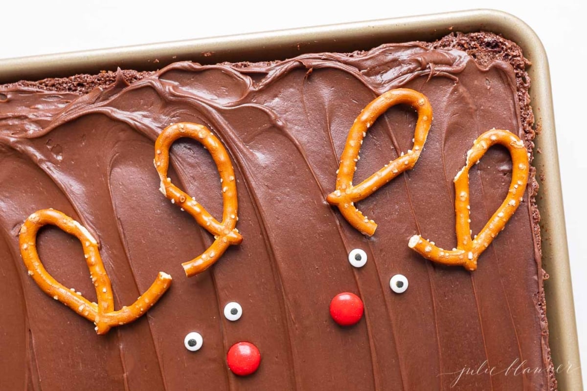 Christmas brownies with pretzels shaped into reindeer.