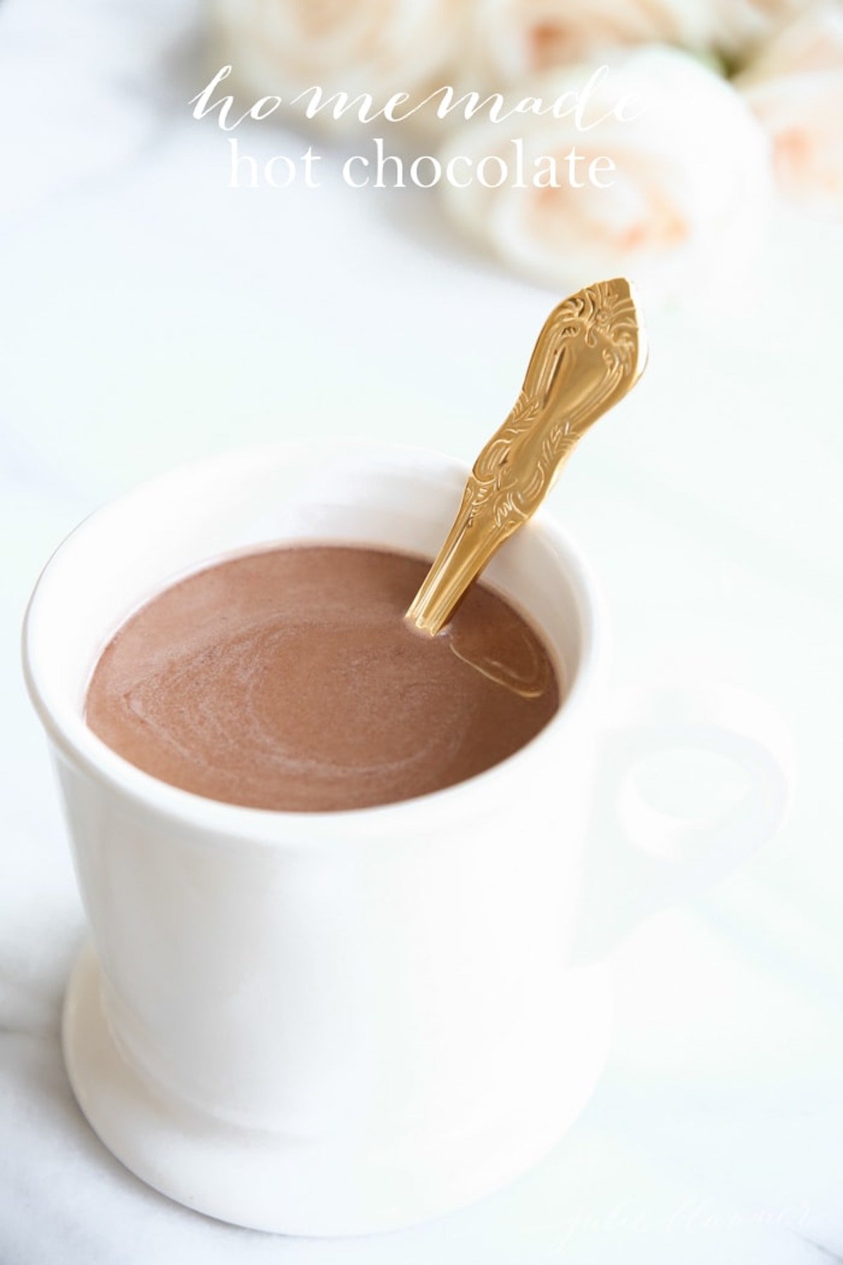 A white mug full of homemade hot chocolate