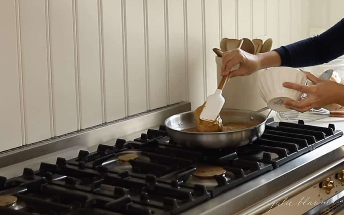 blending peanut butter on stove top to make fudge