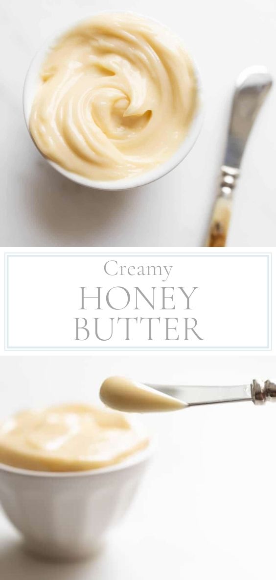 Creamy Honey Butter is pictured in a white bowl on top of a marble counter with a wooden handled butter knife.