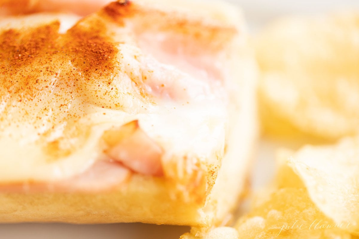 A gerber sandwich on a white plate, sprinkled with paprika with a side of chips.