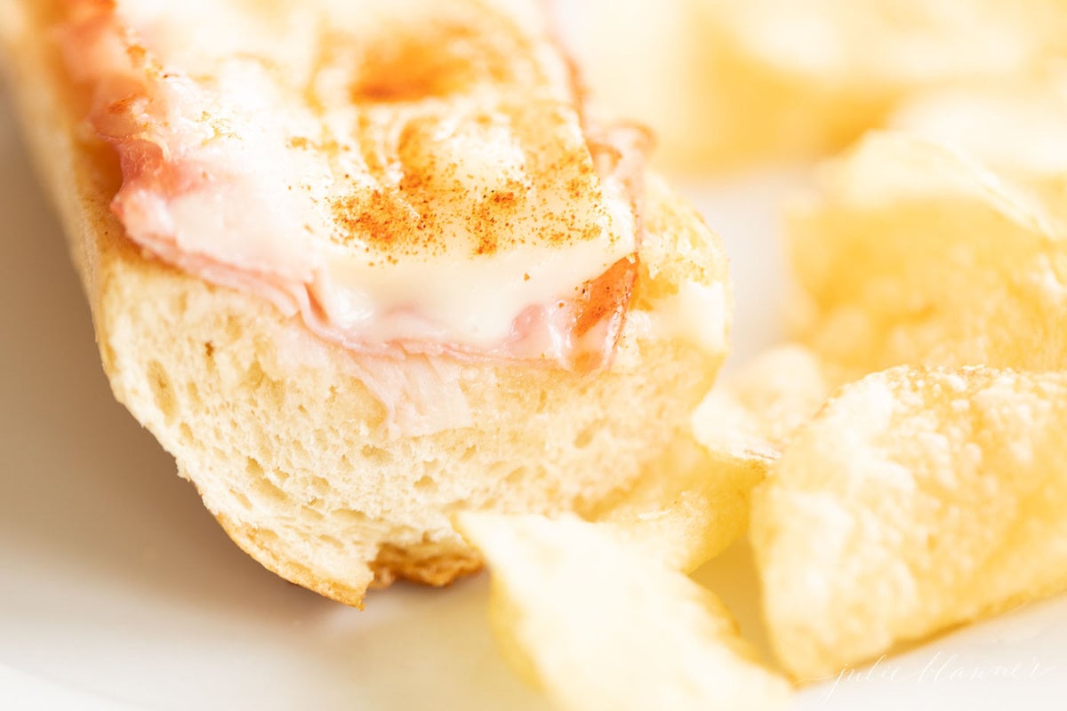 A gerber sandwich on a white plate, sprinkled with paprika with a side of chips.