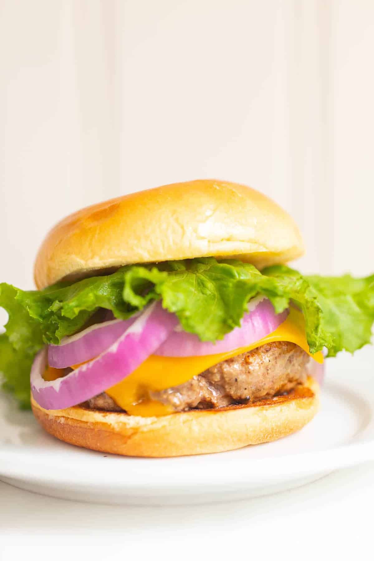 A juicy burger with lettuce, cheese, and onions on a white plate. 