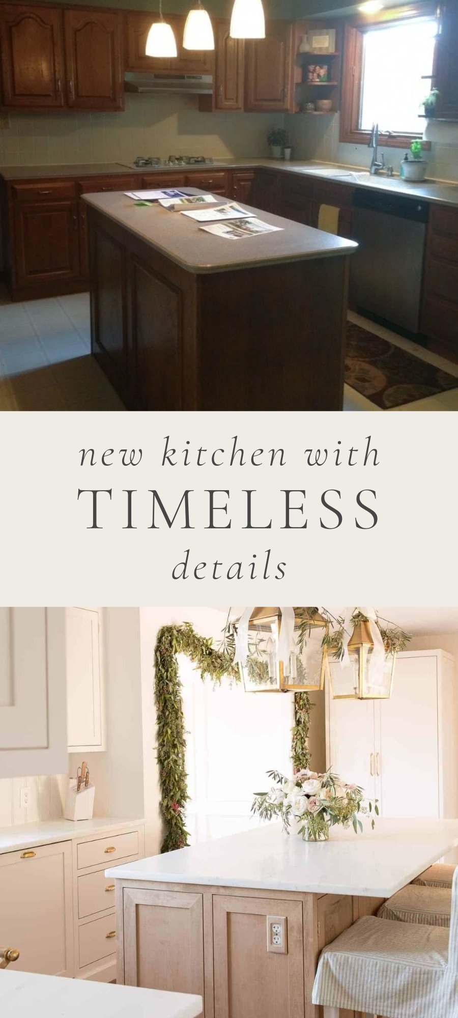 dark kitchen island with brown cabinets on top and white kitchen with garland and decor on bottom