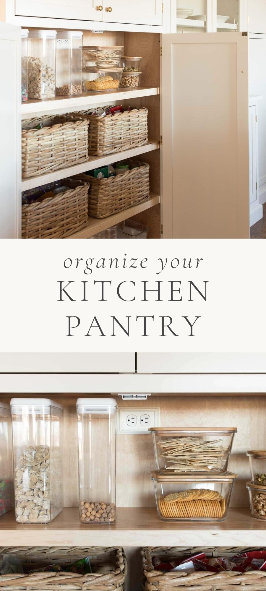 kitchen pantry with baskets and food containers