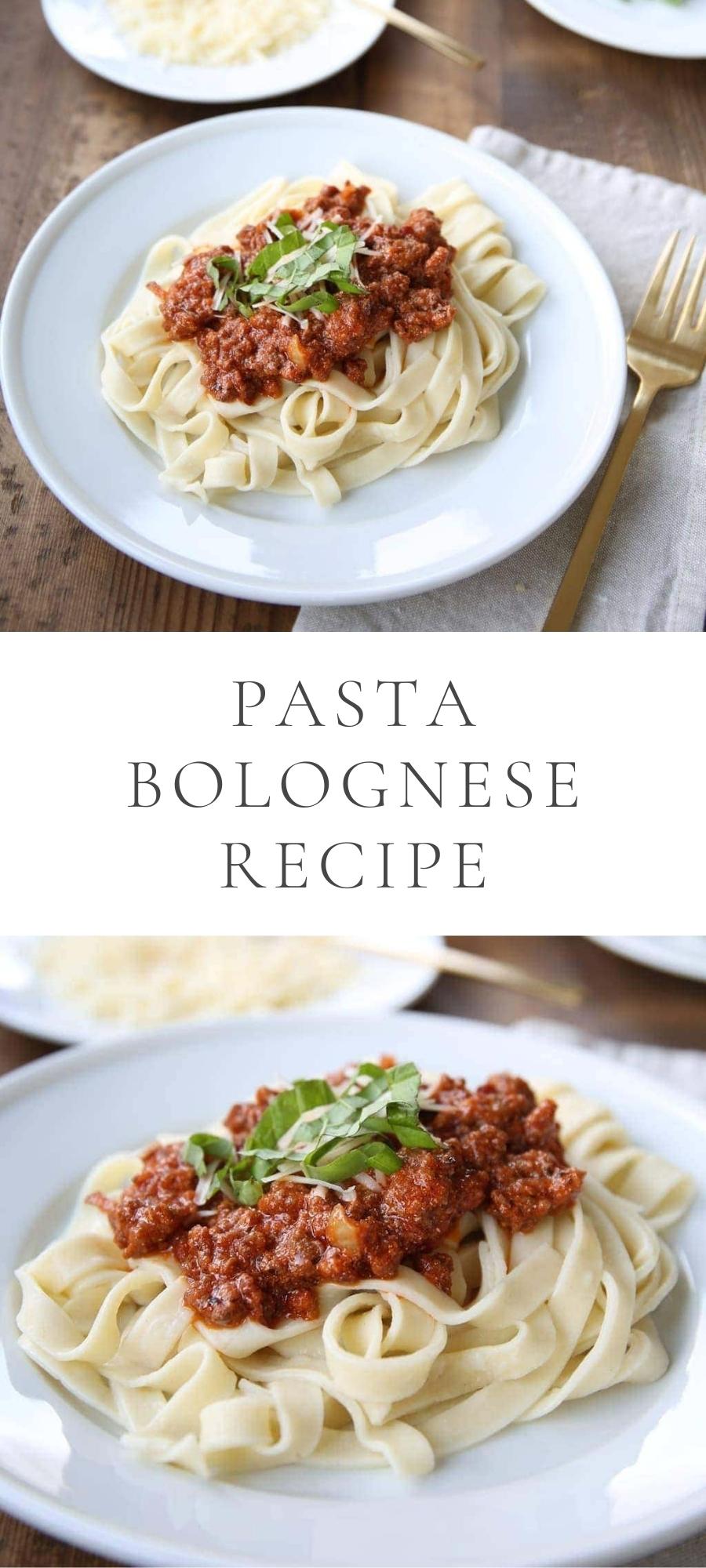 pasta bolognese and herbs in plate next to cheese in plate