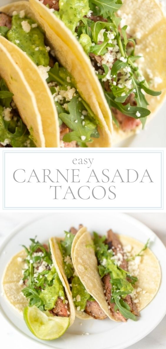 Carne Asada Tacos are pictured on a white plate on a marble counter top.