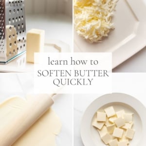 A graphic image with a headline that reads "learn how to soften butter quickly" with a variety of images of softened butter techniques.