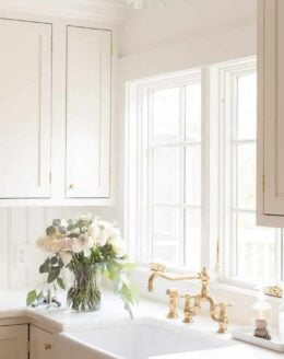 A white kitchen with a farmhouse sink, brass kitchen faucet and a vase of flowers to the side.