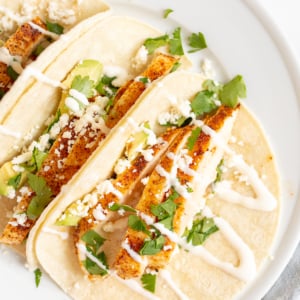 Chicken tacos in corn tortillas on a white surface.