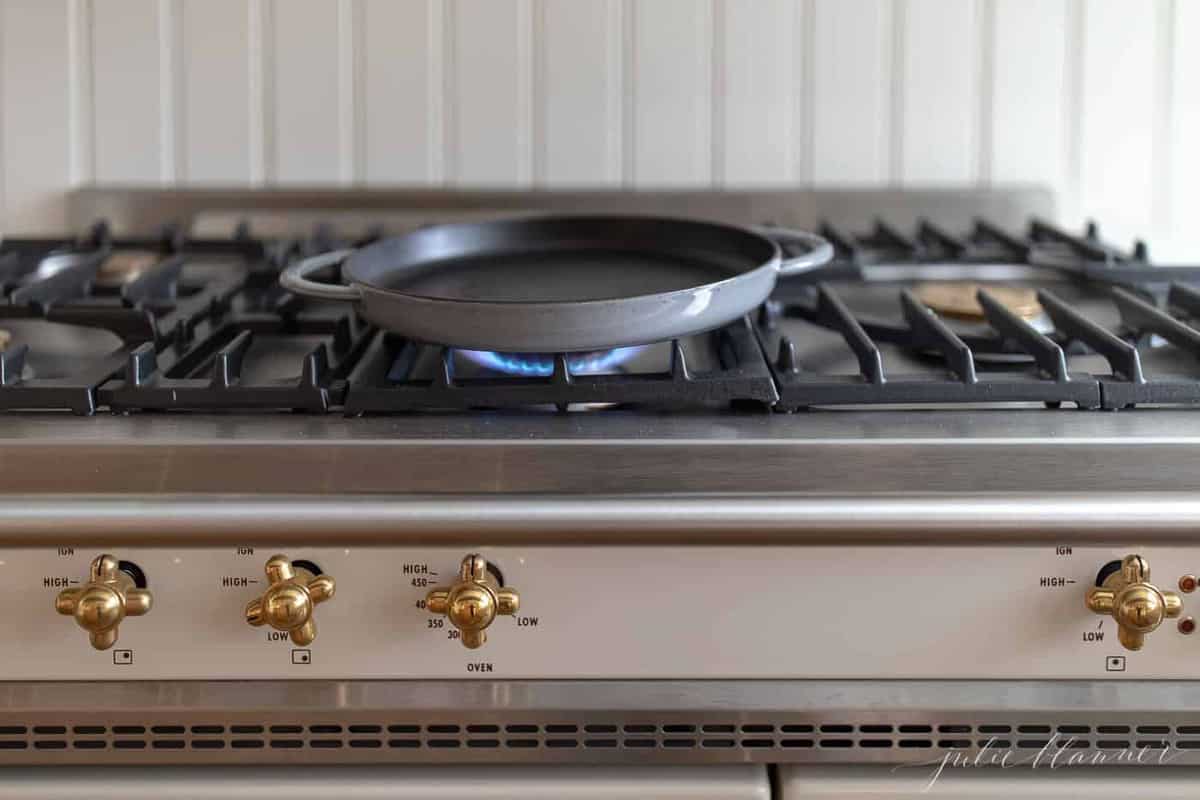 A pan on a stovetop.