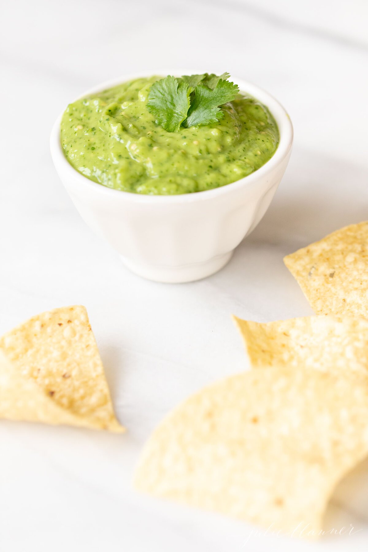 A white bowl of salsa guacamole surrounded by tortilla chips.