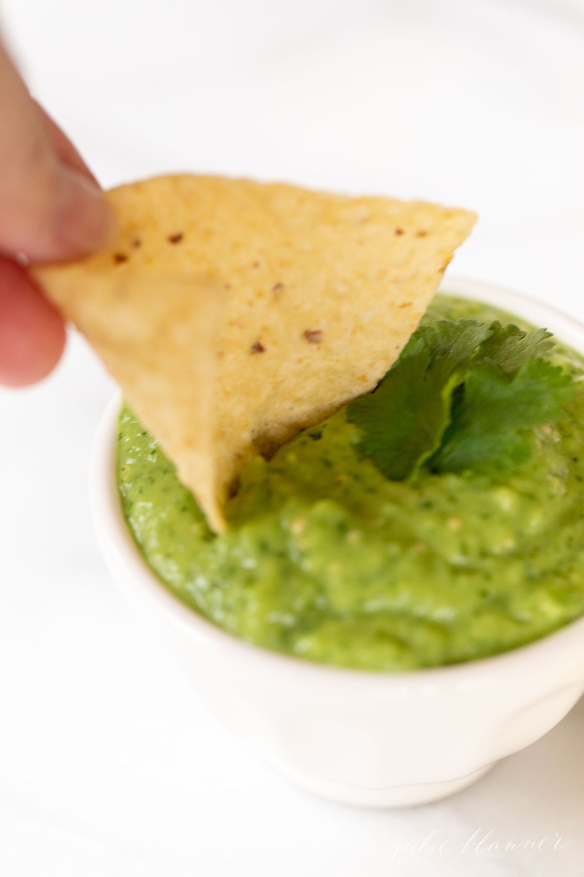 A hand dipping a tortilla chip into a bowl of salsa guacamole. 