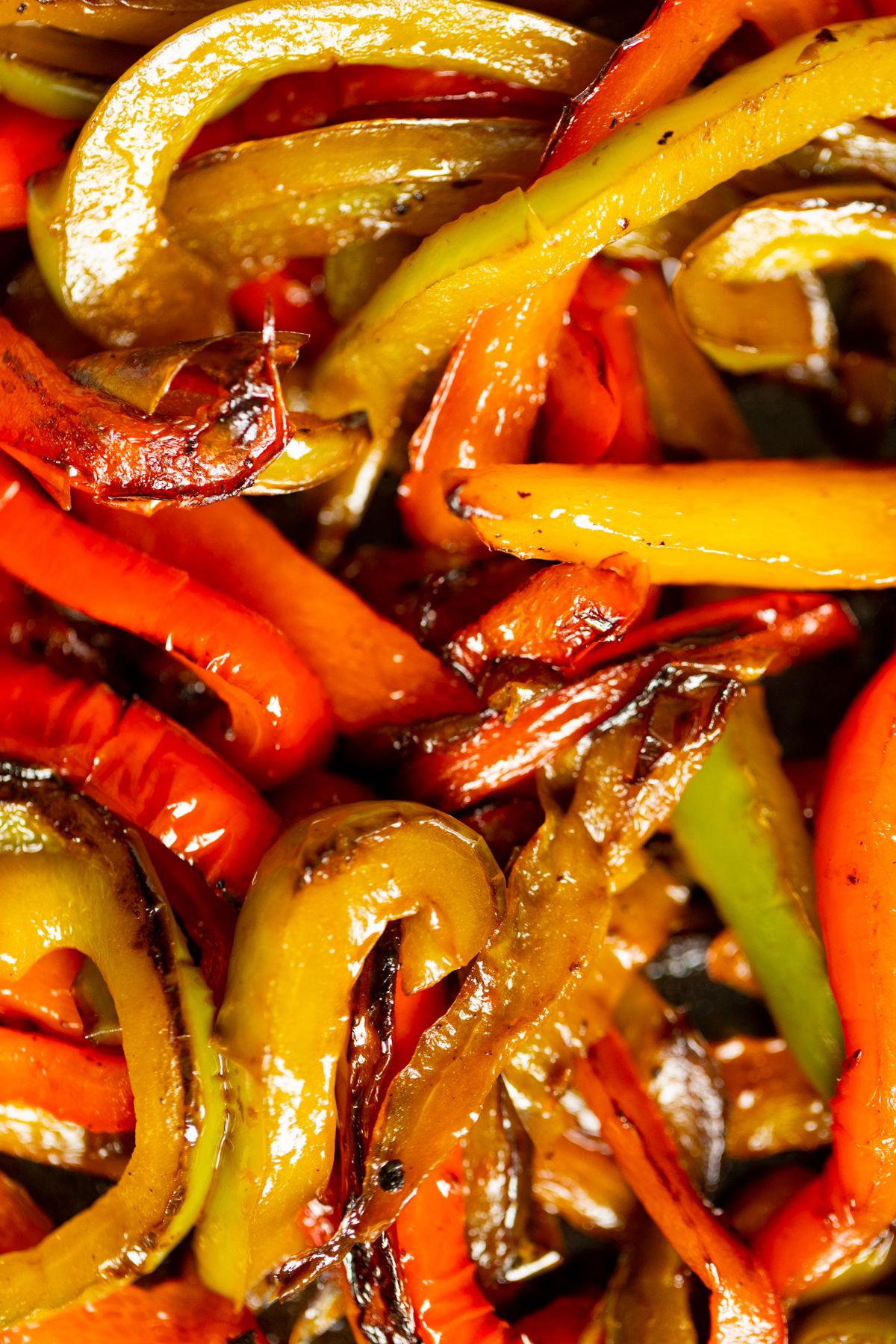 A close up of sauteed bell peppers