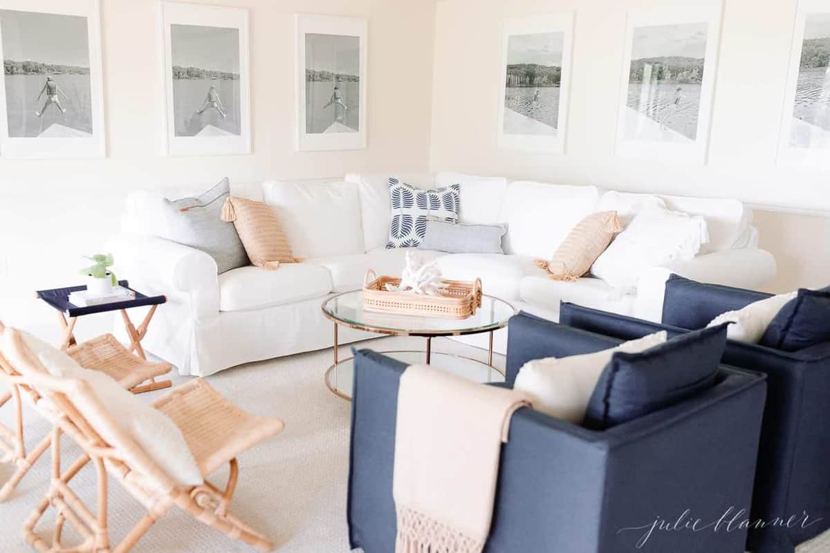 blue white and patterned throw pillows on sofa