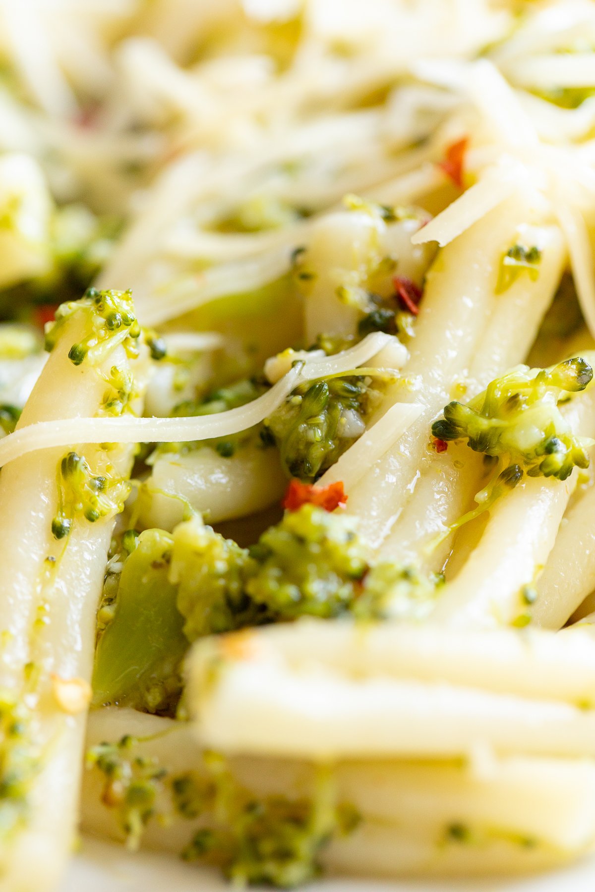 A close up of broccoli pasta.