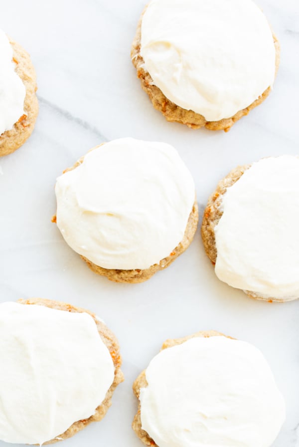 Carrot cake cookies topped with cream cheese frosting.