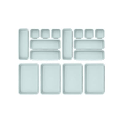 A set of blue plastic kitchen drawer inserts on a white background.