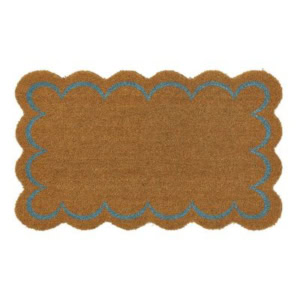 A rectangular brown doormat with scalloped edges outlined in blue.
