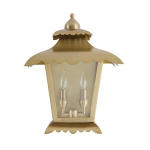 Gold outdoor wall lantern with a decorative scalloped edge, clear glass panel, and two candle-style light bulbs inside.