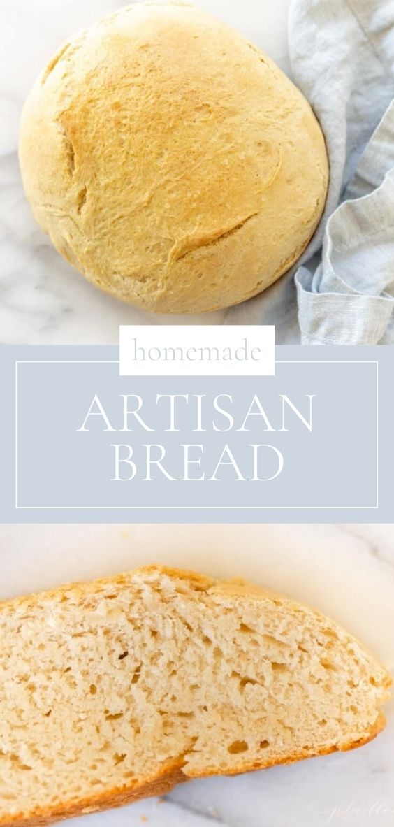 A marble surface with a loaf of homemade artisan bread and a slice.