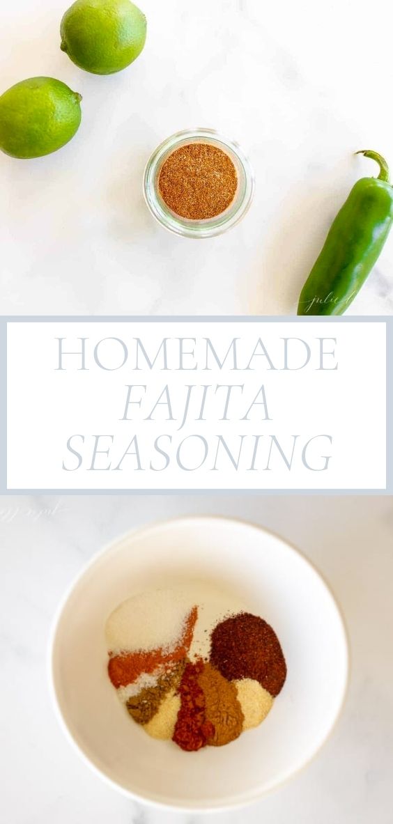 A white bowl filled with spices for a homemade fajita seasoning is on A marble surface with a clear glass jar full of homemade fajita seasoning mix.