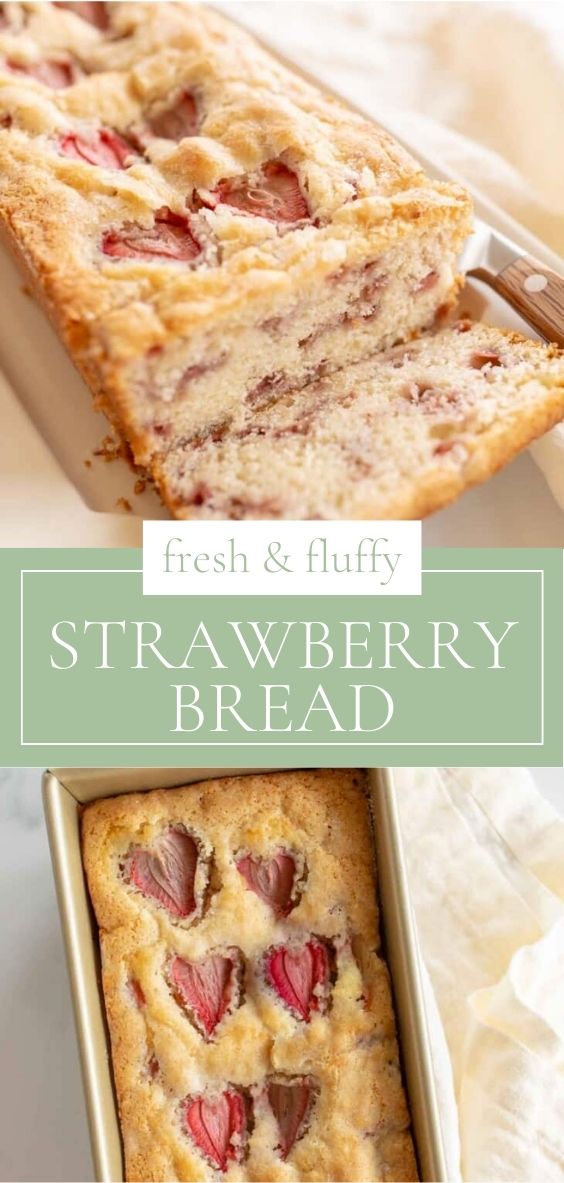 Strawberry bread is pictured in a baking dish next to a linen napkin.